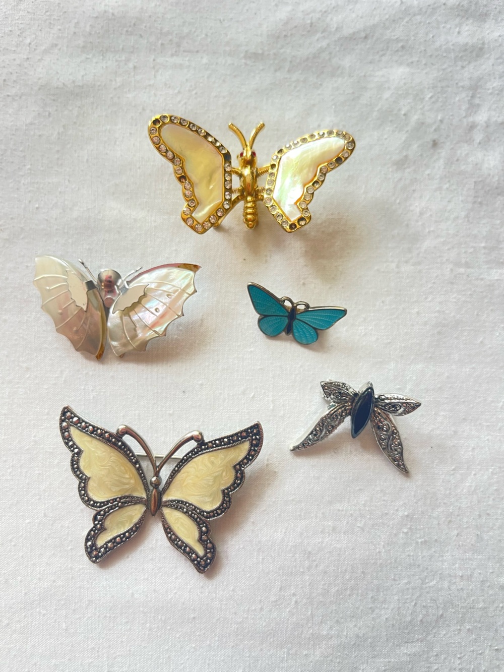 Lot of 5 Butterfly Brooch Collection - Gold, Cream, Silver & Teal Accents